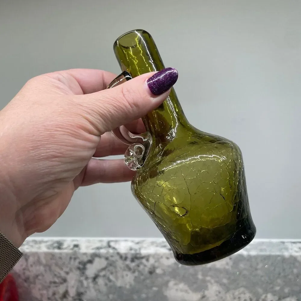 Vintage Pilgrim Olive Green Crackle Glass Mini Pitcher MCM Hand Blown 5.25